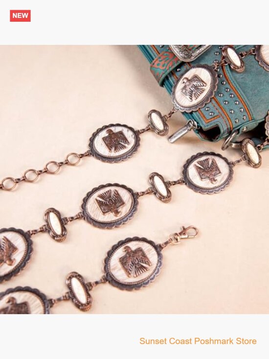 Large Western Concho Metal Chain Belt with Turquoise for Women main image 4